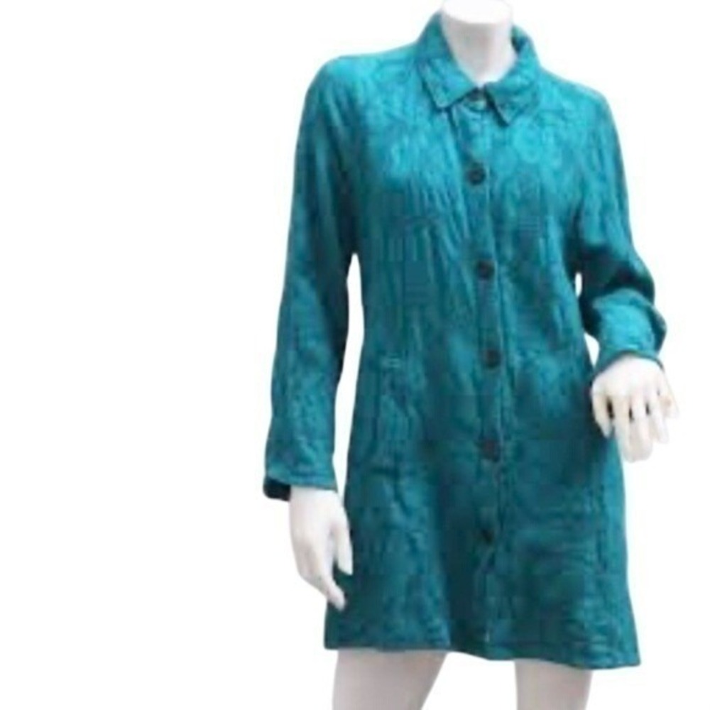 Coldwater Creek Button Front Tunic Womens XL Teal Leaf Burnout Jacket